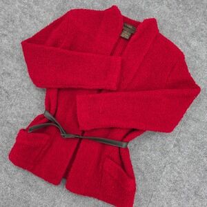 LB Diffusion Red Wool Blend Boucle Belted Cardigan Sweater Jacket Small Vintage